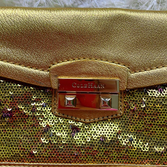 COLE HAAN Minetta Gold and Sequin Baguette Style Bag - Picture 10 of 12